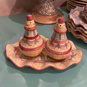 MacKenzie-Childs salt and pepper, shaker, and dish. Madison, Taylor pattern